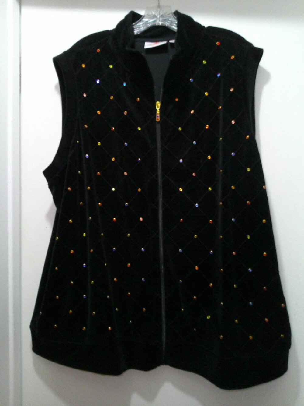 Quacker Factory Multicolor Rhinestones Quilted Velour Black Vest Size 2X